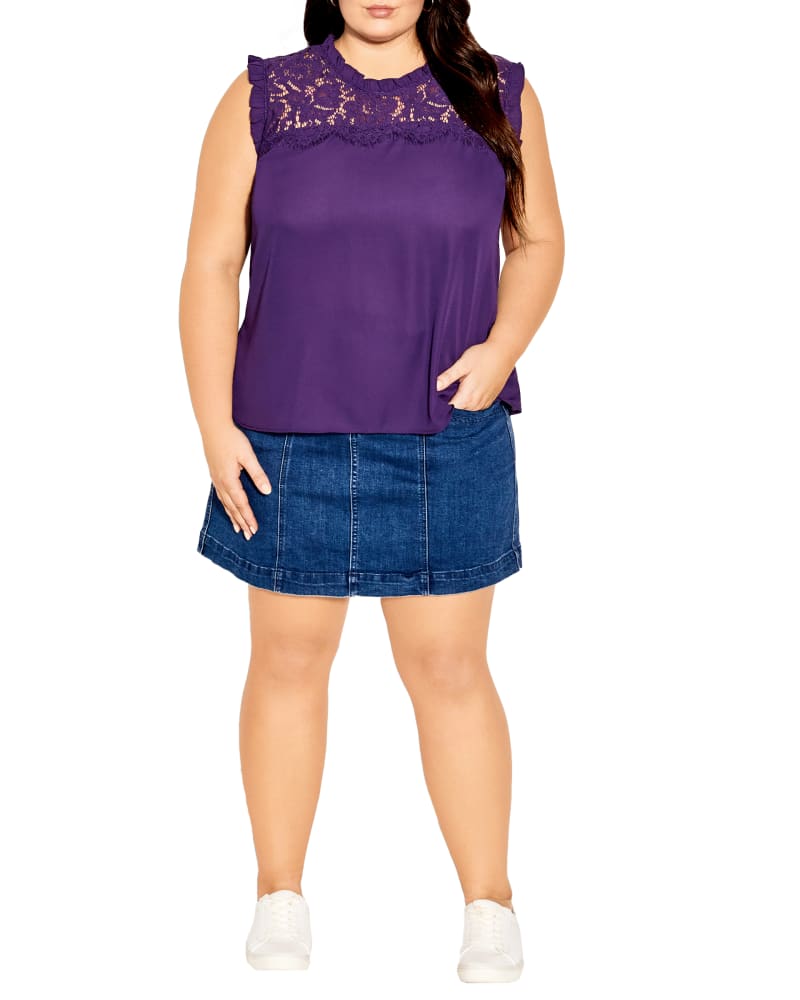 Front of a model wearing a size XL Lace Angel Top in PETUNIA by City Chic. | dia_product_style_image_id:352865